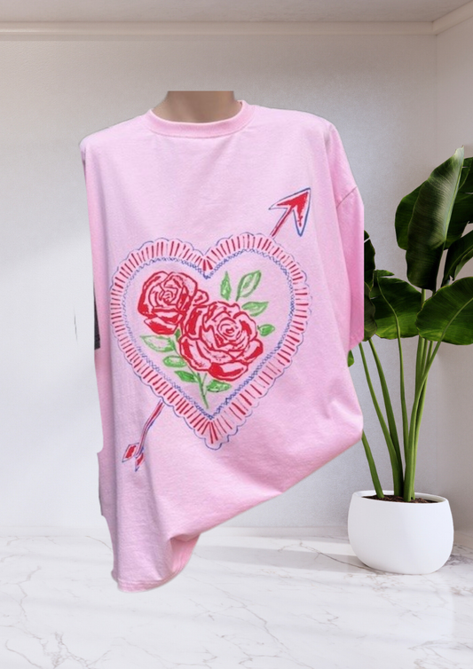 Mya Oversized Tee T-Shirt - Pink Heart Roses | By Frankie