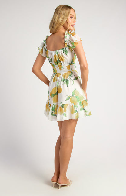 Chiffon Mini Dress With Shirred Waist Detail - Lemon