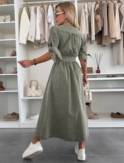 Alley V-Neck Button Front Midi Denim Dress - Sage