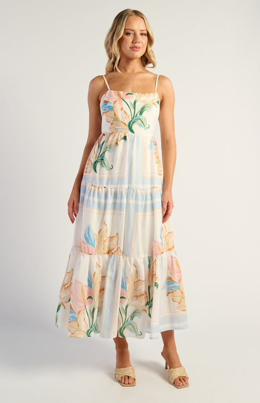 Jayde Floral Tiered Tie Back Detail Midi Dress - Blue