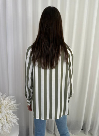 August Button Up Long Sleeve Shirt - Olive White Stripe