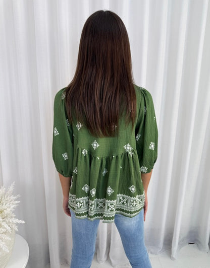 Pip Short Sleeve Button Up Shirt - Green White