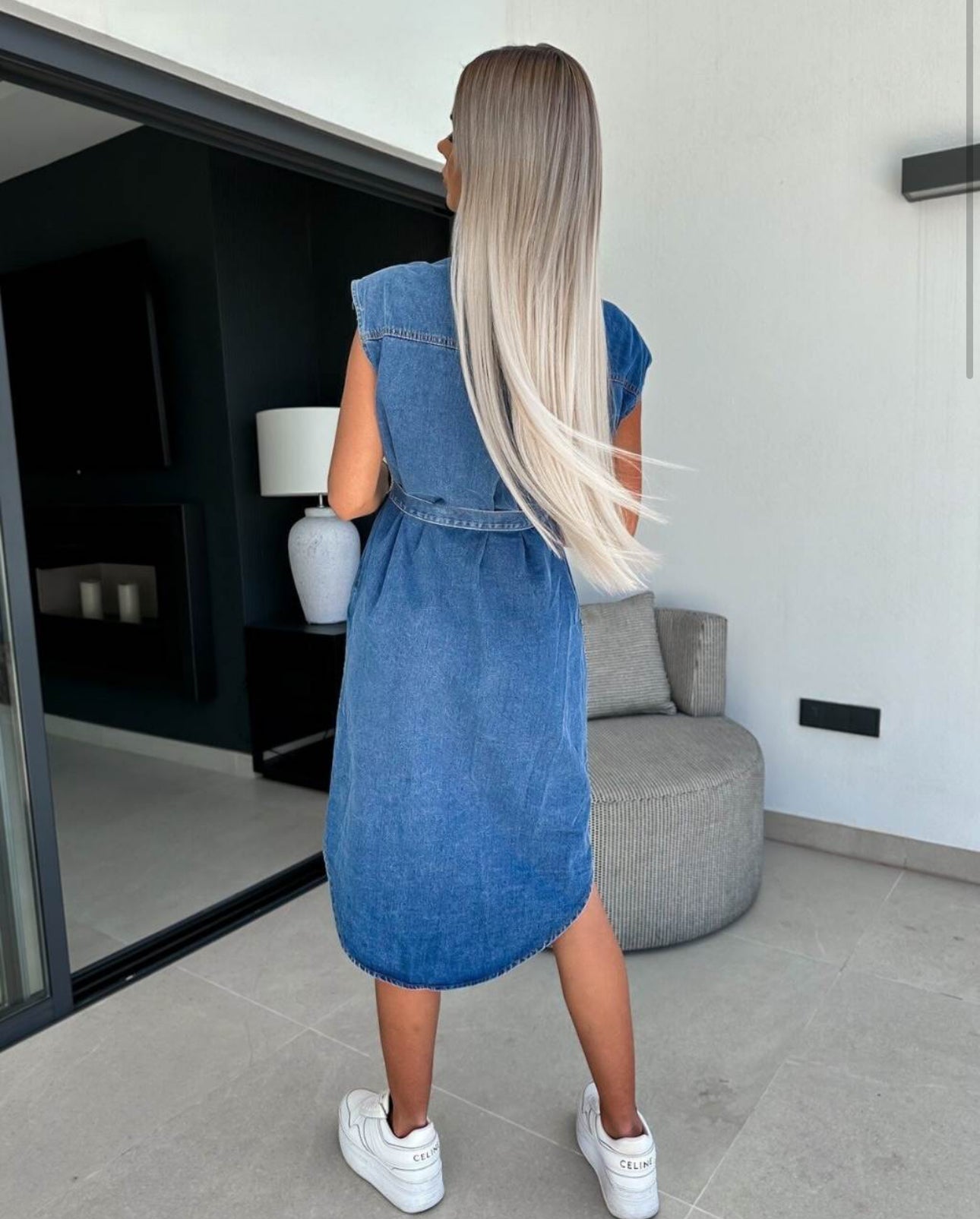 Havana Sleeveless Belted Denim Midi Dress - Blue