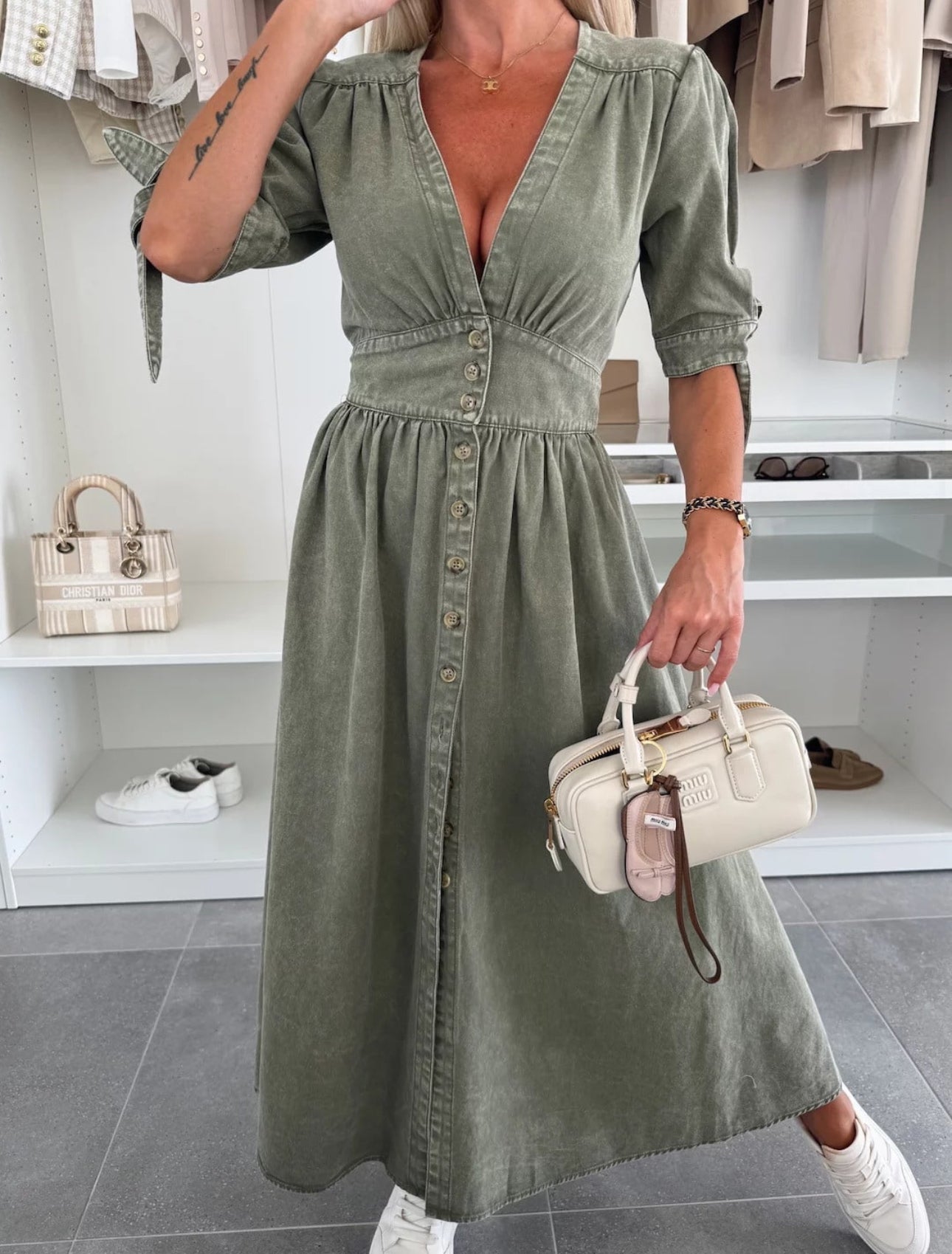 Alley V-Neck Button Front Midi Denim Dress - Sage