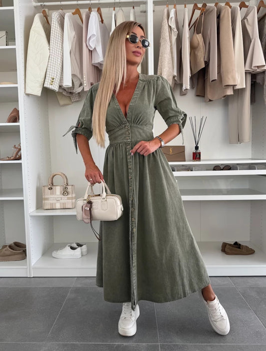 Alley V-Neck Button Front Midi Denim Dress - Sage
