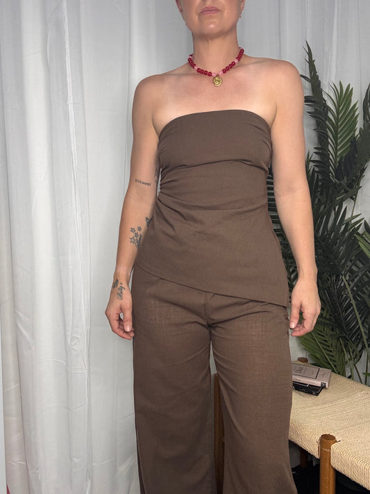 Margot Gathered Side Strapless Top & Pant Set - Brown