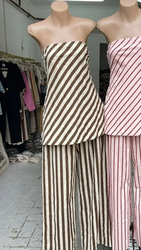 Margot Strapless Tube Top & Wide Leg Pant Set - Chocolate Brown Stripe