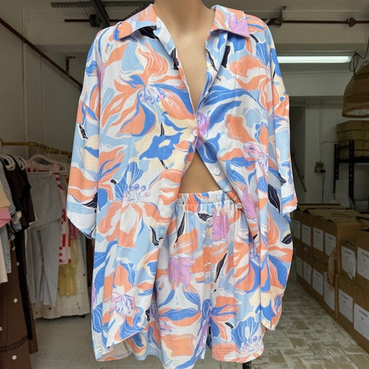 Taya Button Up Shirt & Shorts Set - Blue/Peach Floral | By Frankie