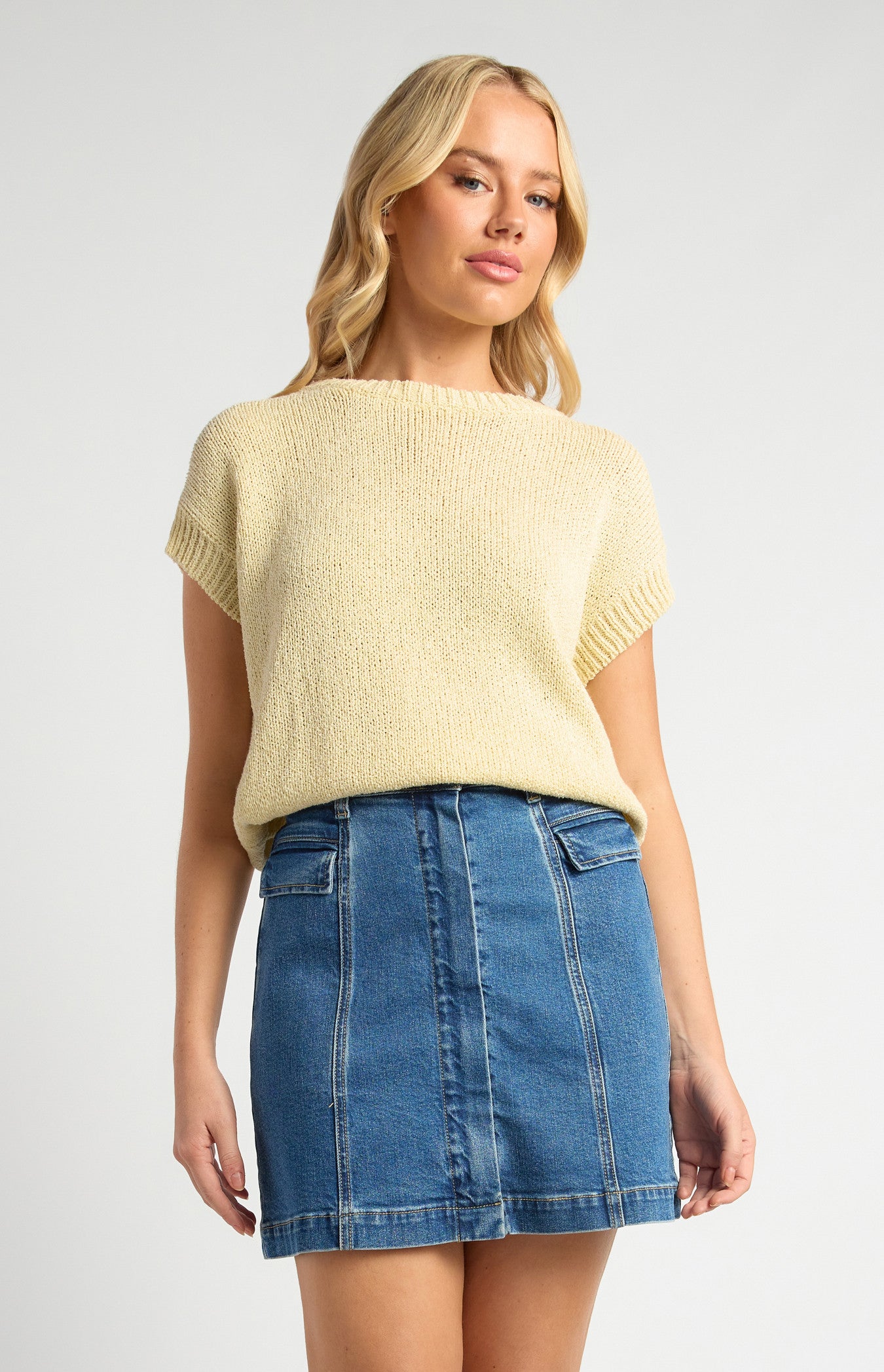 Crochet Cap Sleeves Relaxed Knit Top - Butter
