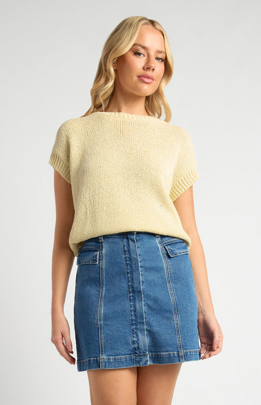 Crochet Cap Sleeves Relaxed Knit Top - Butter