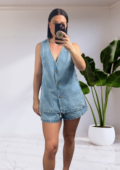 Milly Polka Dot Button Up Open Vest Shirt & Shorts Set - Denim Light Blue | By Frankie