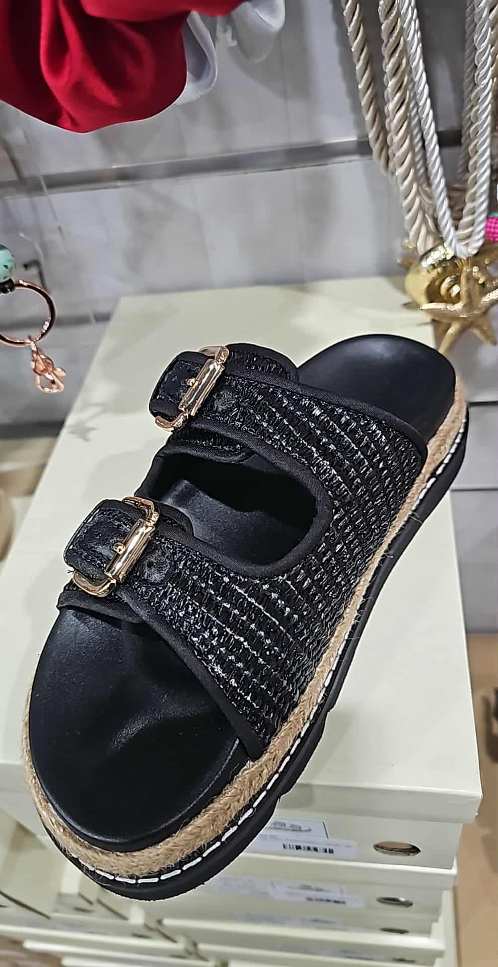 Maple Double Buckle Raffia Platform Sandal Shoes - Black