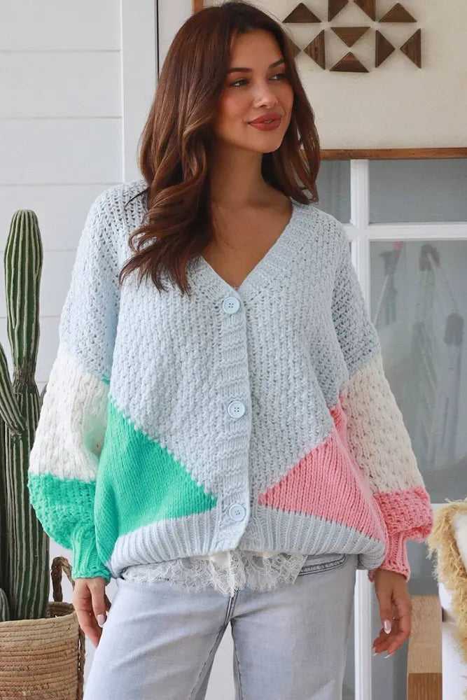 Nina Contrast Chunky Knit Cardigan - Blue
