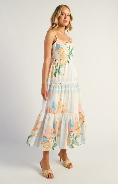 Jayde Floral Tiered Tie Back Detail Midi Dress - Blue