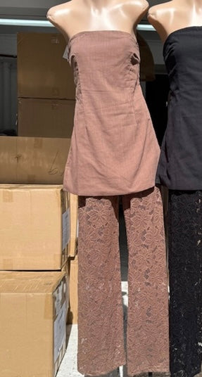 Zoe Strapless Cotton and Lace Pant Set - Brown