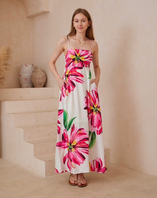 Pip Thin Strap Maxi Dress - White Pink Floral