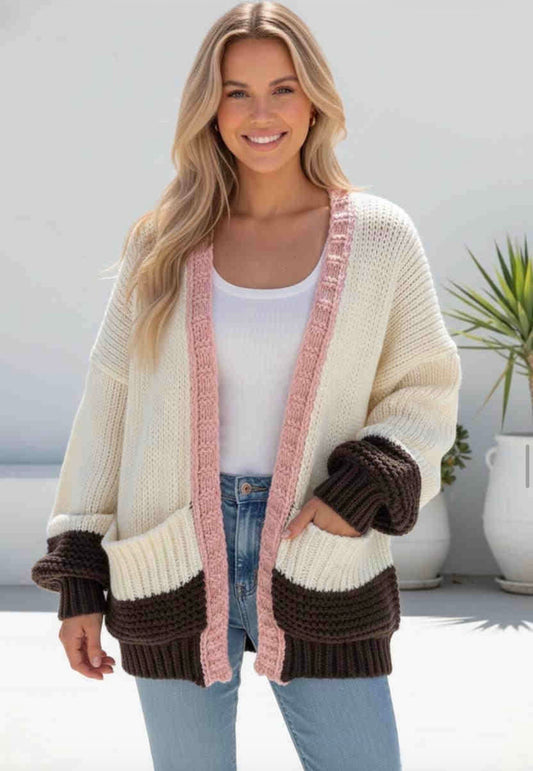 Chunky Knit oversized Cardigan - Cream Brown