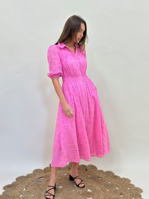 Karen Collared Broderie Midi Dress - Pink