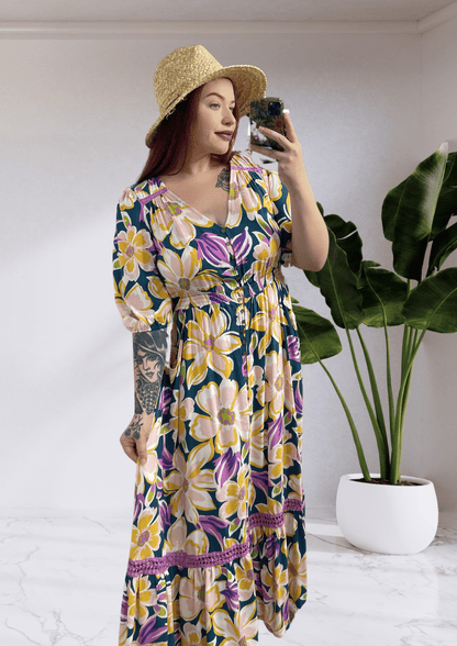 Beatrix Boho 1/2 sleeves Maxi Dress - Floral Purple