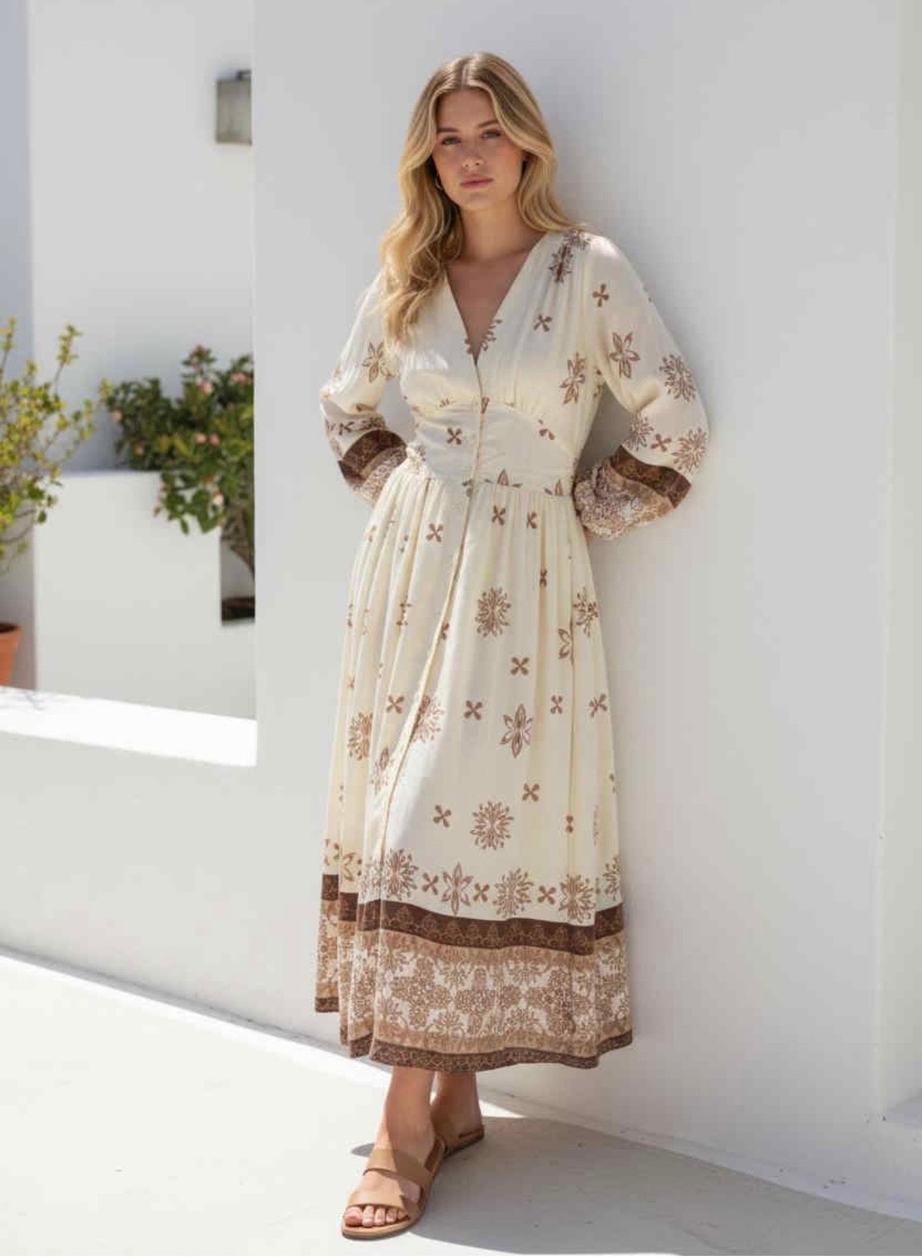 Zoe Midi Dress - White Brown