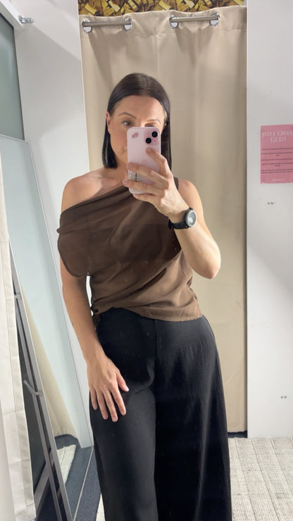 Anne One Shoulder Sheer Top - Brown