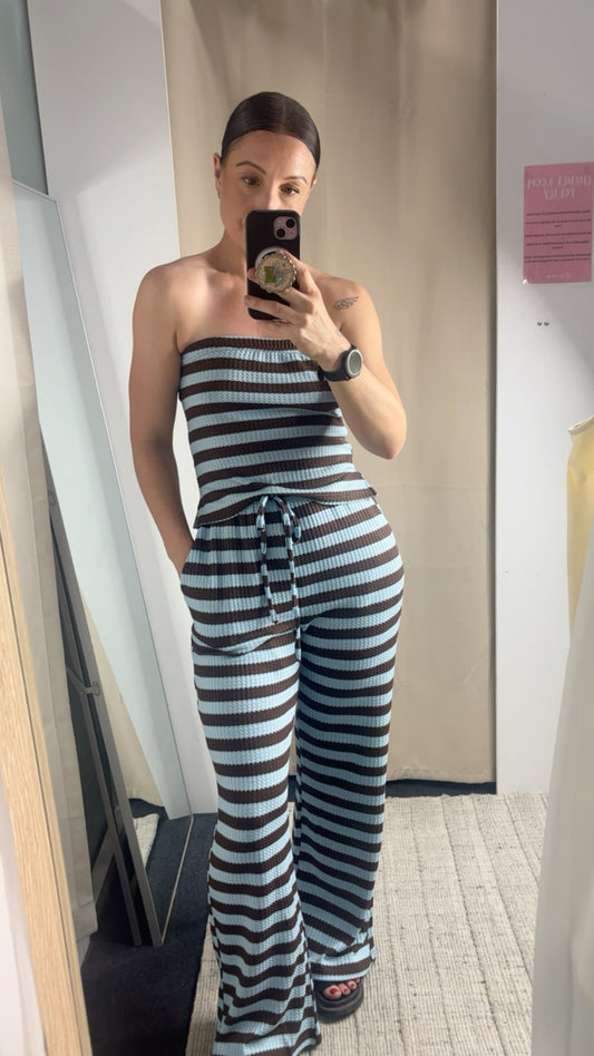 Amy Ribbed Strapless Tube Top & Pants Set - Blue Brown Stripe