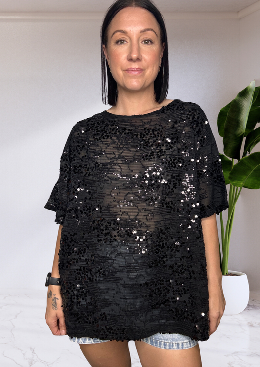 Phoebe Pattern Sequin Top - Black | By Frankie
