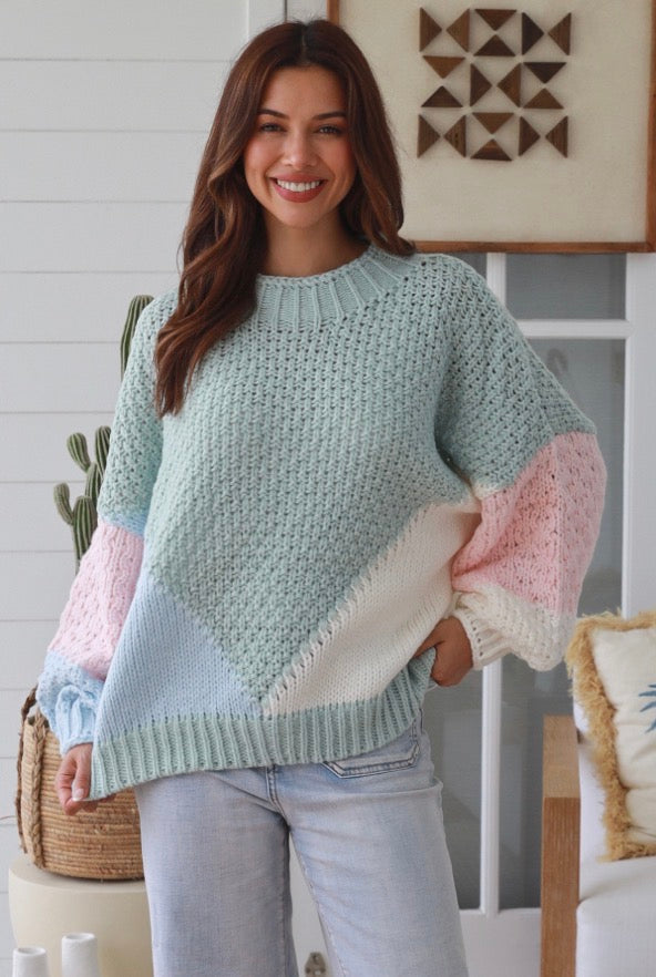 Nina Contrast Chunky Knit Jumper - Sage