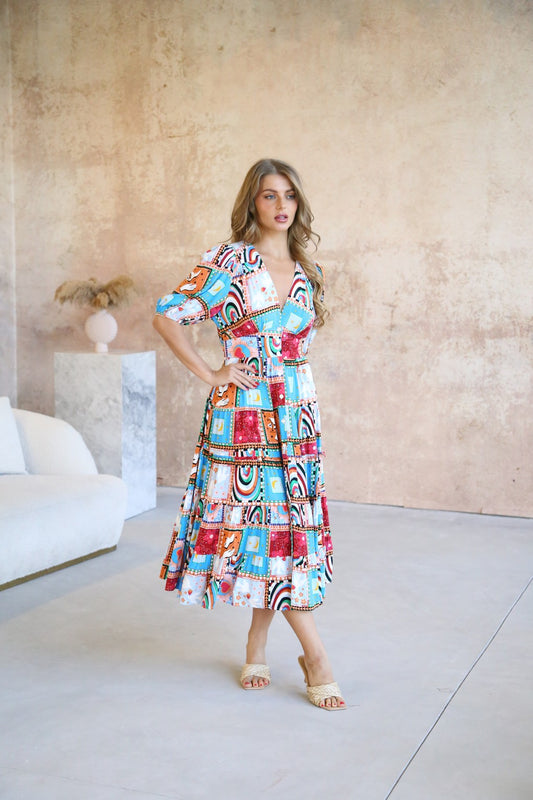 Amelia Short Sleeve Button Up Midi Dress - Rainbow Dove