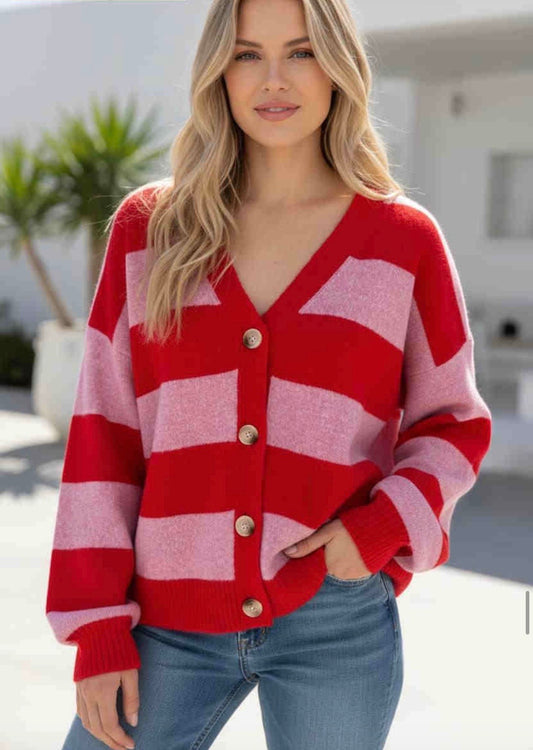 Button Up Knit Cardigan - Red Pink Stripe