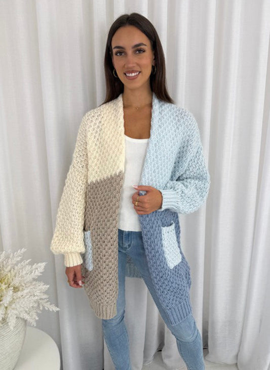 Knit Button Up Cardigan - Blue Brown