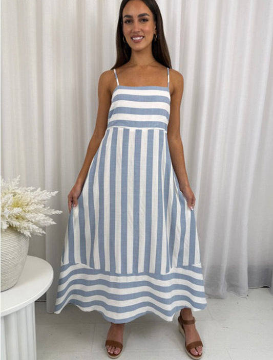 Tia Spaghetti Strap Maxi Dress - Blue Stripe