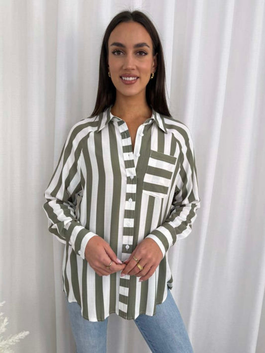 August Button Up Long Sleeve Shirt - Olive White Stripe