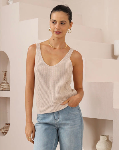 Cami V-Neck Knit Sleeveless Top - Beige