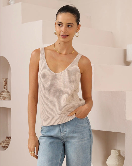 Cami V-Neck Knit Sleeveless Top - Beige