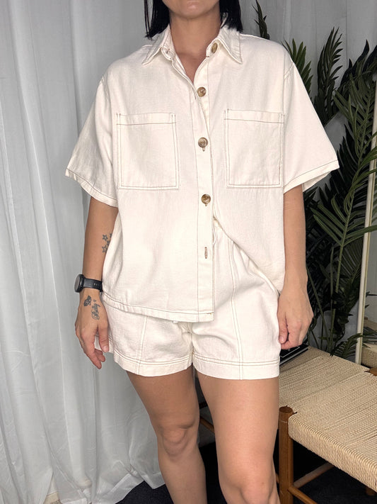 Leah Matching Shirt & Shorts Denim Set - White