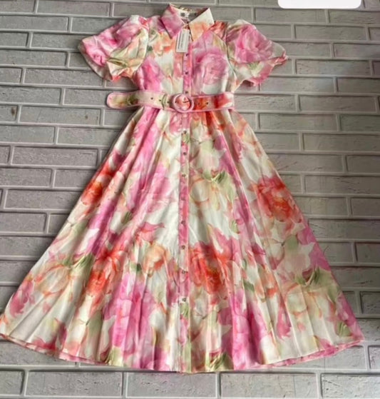 Jasmine Collared Belted Button Up Maxi Dress - Pink Floral