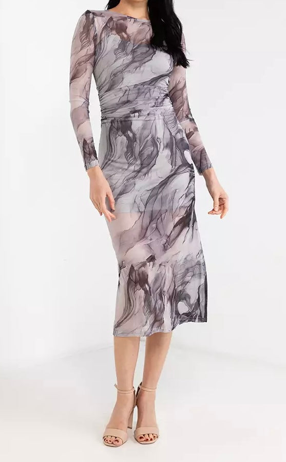 Linda Swirl Print Mesh Midi Dress - Grey