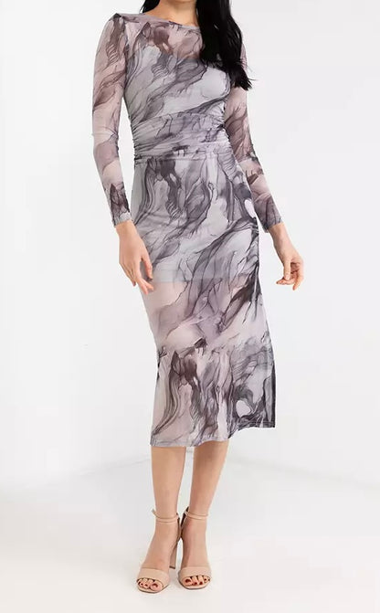 Linda Swirl Print Mesh Midi Dress - Grey