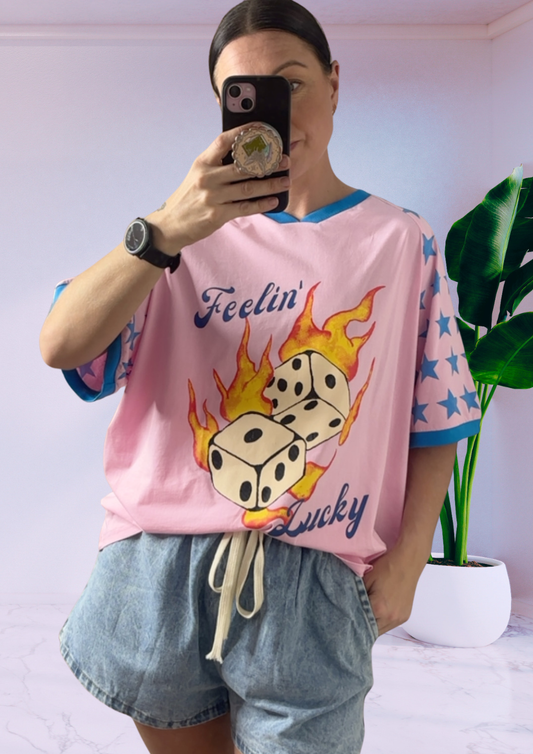 Jersey Oversized Tee Shirt - Flaming Dice Pink Blue