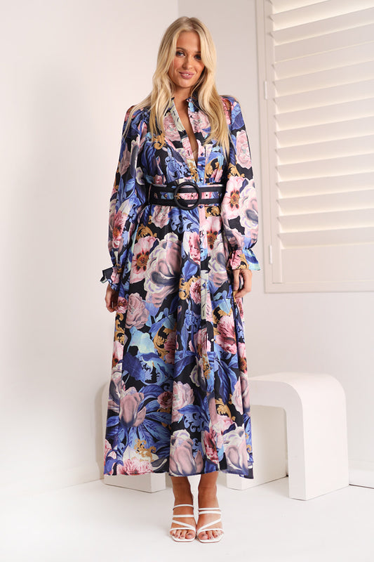 Donatella Long Sleeve Button Up Maxi Dress - Azure