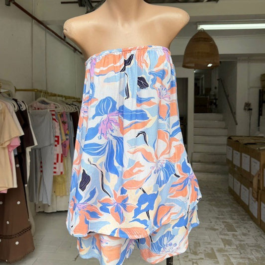 Bella Strapless Tube Top & Matching Pants Set - Blue/Peach Floral | By Frankie