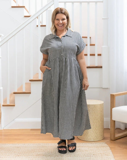Elsie Button Up Bust Maxi Dress - Black White Gingham