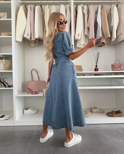 Maci Collared Button Up Midi Denim Dress - Blue