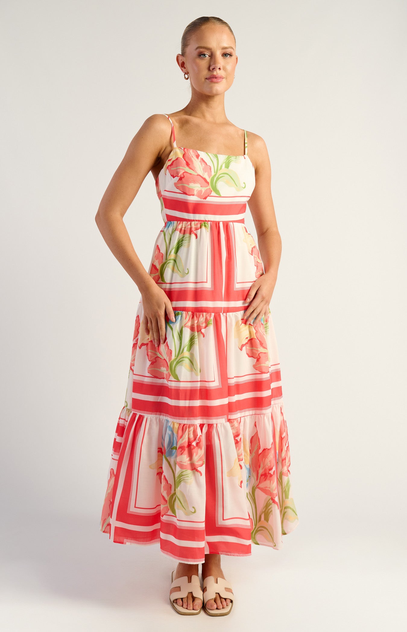 Jayde Floral Tiered Tie Back Detail Midi Dress - Watermelon
