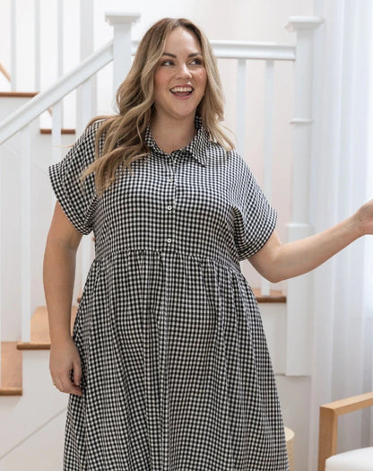 Elsie Button Up Bust Maxi Dress - Black White Gingham