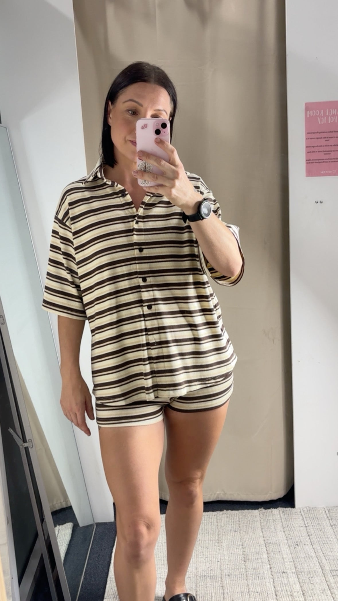 Sara Button Up Top & Matching Shorties - Brown Stripe