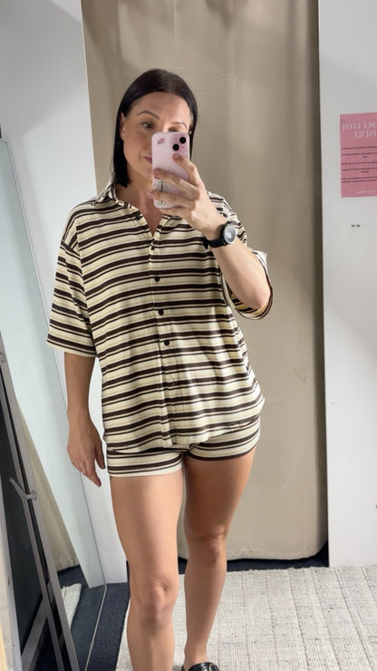 Sara Button Up Top & Matching Shorties - Brown Stripe
