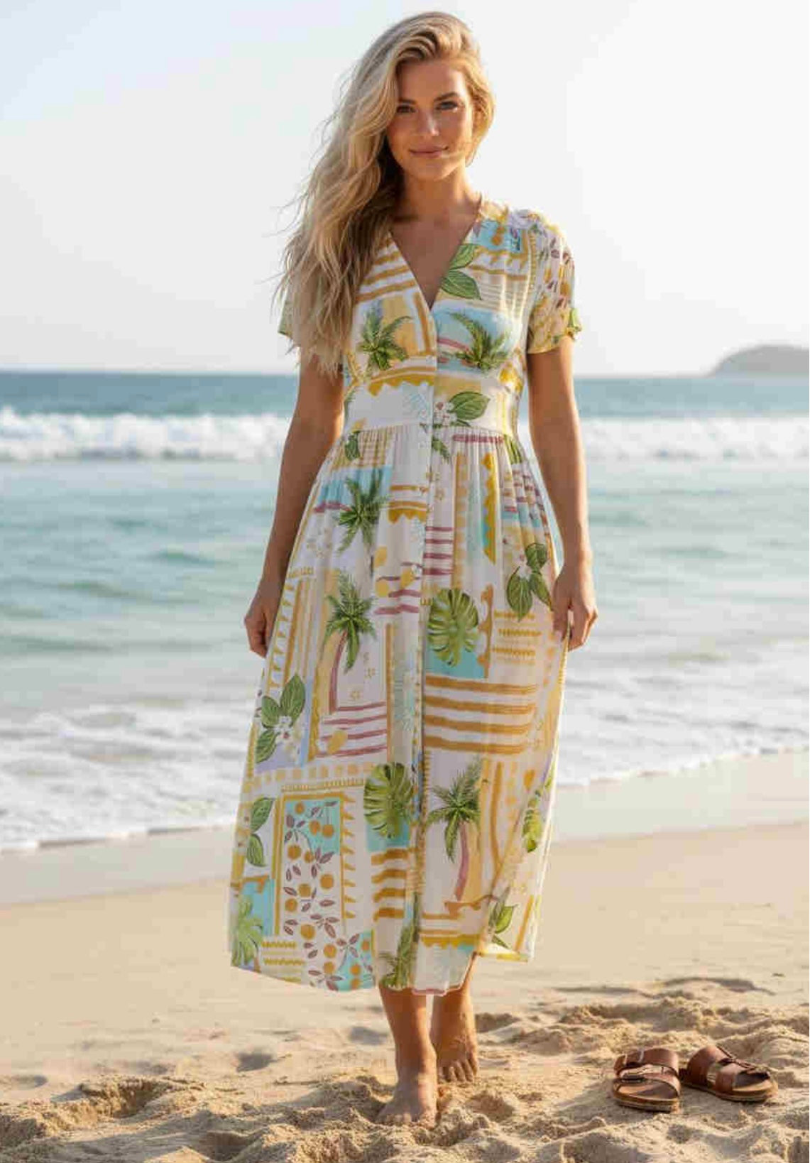 Zoe Button Up Midi Dress - Yellow Tropical