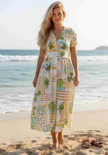 Zoe Button Up Midi Dress - Yellow Tropical